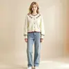 Blusa de tricô com gola redonda, manga longa, jacquard com laço, estilo europeu e americano, novo suéter cardigã de outono e inverno, caimento solto para mulheres