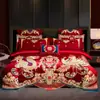 Juego de boda de alta gama de algodón de fibra larga de alto número de hilos, cuatro o seis piezas, algodón puro, estilo bordado rojo brillante, juego de dote de boda de varias piezas