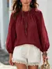 Moda Nova Primavera e Outono Estilo Europeu e Americano Camisa Lisa de Cor Sólida com Manga Bufante Solta para Mulheres, Top Versátil Estilo Casual de Férias