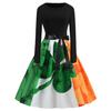 Ebay Roupas Retrô Femininas St. Vestido Grande Swing de Manga Comprida Gola Redonda Comércio Exterior Dia de São Patrício Cor de Contraste Posicionado Estampado 1093