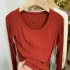 Camiseta Versátil de Manga Larga con Cuello en U y Canalé Suave Estilo Minimalista para Mujer Primavera/Otoño 2026 Estilo Coreano Elegante Que Reduce la Edad Top Combinable
