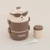 Óculos de Sol de Desenho Urso Lancheira de Estudante Micro-ondas Portátil Infantil Dupla Camada Caixa de Refeição Plástica Lancheira para Levar