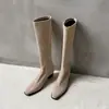 Botas Largas Elásticas Ajustadas de Gamuza para Mujer Botas Individuales Otoño Invierno Nuevas Puntera Cuadrada Tacón Medio Grueso Cremallera Lateral Estilo Coreano Botas Hasta la Rodilla Mujer