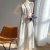 Vestido Nuevo de Primavera y Verano 2025 para Mujer Estilo Holgazán Satén Sedoso Cuello en V Cintura Alta Plata Elegante Vestido Combinable