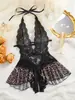 Bestseller Transfronterizo Estampado de Leopardo Encaje Transparente Lencería Múltiples Colores Disponibles Sin Entrepierna Sexy Tentación Pajamas de Escote Profundo V Venta Caliente de Comercio Exterior