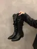 Botas retro de tacón grueso color café, cuello en V, de caña media apiladas, para mujer, verano 2024, punta fina, estilo western cowboy