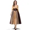 Vestido Retrô Europeu e Americano Costura em Cor Contrastante Manga Flare Amarração na Cintura Vestido Princesa Vestido de Ombro Ponkas