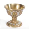 Xizang Latão Esculpido Ornamentos de Copo e Tigela de Água para Adorar o Deus da Riqueza, Copo de Água Puro com Base de Lâmpada Esculpida Banhada a Ouro