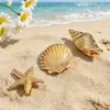 Pinza para el Cabello de Estrella de Mar Dorada y Caracola, Pinza de Cocodrilo Metálica Casual Estilo Vacacional Transfronterizo Europeo y Americano, Accesorio para el Cabello con Elementos Marinos de Playa