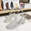 Nuevas sandalias romanas de mujer de verano, sandalias retro de tacón grueso, sandalias de cristal transparente, tacón medio, zapatos de gelatina de plástico, tacón alto, zapatos impermeables