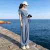 Conjunto de Duas Peças Calça Wide Leg Manga Curta Ombro Único Estilo Coreano 2026 Verão Emagrecedor Moda Solta Casual Roupa Esportiva Tendência