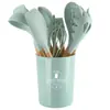 Conjunto de Utensílios de Cozinha de Silicone 11 Peças Barril de Armazenamento Cozimento Antiaderente Cabo de Madeira Utensílios de Cozinha de Silicone Colher e Espátula Utensílios de Cozinha