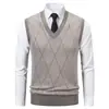 Suéter masculino de malha, gola redonda, outono e inverno, quente, slim fit, sem mangas, suéter de malha para homens