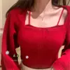 Design de outono e inverno de 2023 senso de nicho caimento justo top de malha moda interior gola revelando clavícula suéter vermelho de Natal