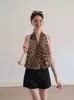 Top de Amarrar Estampa de Leopardo Estilo Retro Hot Girl para Mulheres, Novo Verão 2026 Slim Fit Ombro a Ombro Sem Mangas Elegante Blusa
