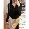 Sesión de Fotos Reales de Comercio Exterior Camisa POLO de Cuello V Camiseta de Manga Larga para Mujer Primavera y Otoño Ajustada Coreana Camiseta Base Interior Corta