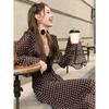 Elegante Vestido Nuevo Estilo de Manga Larga con Cuello en V, Clásico Casual Japonés con Estampado de Puntos, Falda de Línea A de Longitud Media para el Trabajo