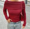 Tricô Angorá Vermelho Ombro a Ombro Outono e Inverno 2024 Novo Nicho Elegante Moda Manga Longa Roupas Vermelhas Europeias e Americanas para Mulheres