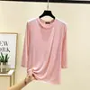 Camiseta Feminina de Modal Fina para Primavera e Outono Tamanho Grande Solta e Versátil Gola Semi-Circular Mangas 3/4 Cor Lisa Roupa Íntima Pode Ser Usada por Fora