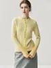 Cardigan de Cashmere Estilo Outono e Inverno de Luxo Leve com Gola Redonda, Elegante e Versátil, Punhos Coloridos, Casaco Suéter Tricotado para Mulheres