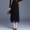 Saia Midi Reta Patchwork de Renda Feminina 2026 Outono Nova Cintura Alta Emagrecedora Draping Justa ao Corpo Lápis
