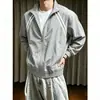 Jaqueta Listrada Marrom Maillard Masculina, Estilo Curto de Outono, Ombro Normal Jaqueta Baseball, Casaco Tendência para Casais Americanos