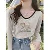 Camiseta de Manga Larga con Bloques de Color y Cuello en V de Algodón Puro para Mujer, Otoño 2026, Moderna, Versátil, Casual, Rejuvenecedora, Adelgazante, Prenda Base, Tendencia
