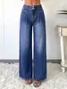 Yt06 Calça Jeans Feminina Nova Retrô Solta de Cintura Alta com Patchwork Plissado Azul Lavado Wide-Leg