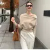 Top de punto Andy de terciopelo, suave y elegante, de hombros descubiertos, con diseño de color contrastante, suéter elegante para mujer