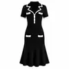 Vestido de punto estilo tweed con cuello de traje bicolor para mujer, vestido de línea A con fruncido en la cintura de Amazon, elegante falda de sirena