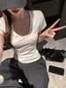 Camiseta Feminina de Manga Curta Fina com Decote em U Grande Estilo Coreano, Novo Estilo de Verão, Roupa Básica Simples, Top Modelador Fashionable Hot Girl