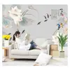 Sofá de sala de estar estilo chinês papel de parede para parede de fundo de TV decoração simples de lótus pintura de parede filme e televisão de flor e pássaro pastoral tecido de parede