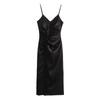 Outono de 2023 novo Europeu e Americano transfronteiriço Feminino elegante leve familiar preto plissado decorativo alça de roupa íntima vestido