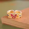 Anel Aberto Tendência Estilo Chinês em Prata 999 com Esmalte Dourado e Borboleta em Filigrana