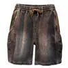 Comercio Exterior Transfronterizo Ropa de Trabajo Retro Americana Shorts de Mezclilla para Hombre, Pantalones Cortos de Cinco Puntos Sueltos Lavados de Verano, Pantalones Casuales de Parches de Longitud Media