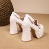 Vestido de Novia Rojo Principal Zapatos de Boda Suela Gruesa 12cm Tacones Súper Altos Tacón Grueso para Mujer Otoño 2024 Nuevo Zapatos Mary Jane con Perlas