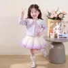 Conjunto de Suéter para Meninas 2026 Outono/Inverno Novo Estilo Cor Arco-Íris Gradiente Gola Cardigã de Tricô Saia Franzida Conjunto de Duas Peças