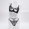 Sujetador de encaje de pestañas estilo francés con cortes estratégicos, conjunto de lencería sexy y seductor transparente con tanga