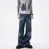 Roupas Masculinas Fengshe / Jeans Americano Retro Tie-Dye com Padrão de Raio Desgastado, Calças Retas Largas Tendência de Comprimento Total