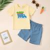 Traje de verano de Pascua para bebé niño 2025, camiseta de manga corta con bordado de dibujos animados y shorts a cuadros
