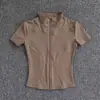 Camiseta Pilates Yoga Feminina Secagem Rápida Corrida Justa Top Esportivo Gola Alta Zíper Ciclismo Manga Curta Jaqueta Top