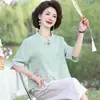 Blusas Casuales de Algodón y Lino para Mamá, Ropa de Verano para Mujeres de Mediana Edad, Camisetas Nuevas de Manga Corta, Trajes Nuevos de Algodón y Seda para Mujeres de Mediana Edad y Mayores