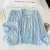 Pijama romántico estilo coreano para mujer con lunares azules, de manga larga y pierna larga, con cintura de corbata, fino y adecuado para usar afuera como ropa de estar en casa en primavera y otoño