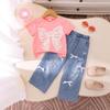 25 Traje de Pantalón Ancho de Mezclilla de Manga Corta con Cuello Redondo de Color Sólido Estampado de Lazo para Niñas Estilo Coreano Nuevo de Primavera y Verano de Amazon
