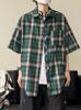 Camisa de Manga Corta a Cuadros de Estilo Japonés para Hombre, Verano Nuevo Vintage Cepillado Talla Grande Cuello Vuelto Chaqueta Camisera Suelta