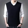 Colete de Tricô Masculino para Primavera e Outono Cor Sólida Colete de Tricô Roupa de Negócios Camisa de Tricô Masculina para Escritório Colete de Lã