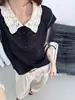 Camiseta de Tricô Casual Manga Curta com Gola Boneca e Acabamento em Renda de Bambu Estilo Coreano Top Feminino Verão Novo Estilo