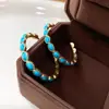Brincos argola em forma de C com turquesa oval e pino de prata vintage europeu e americano, brincos de luxo leve de alta qualidade, argolas de ouvido requintadas e da moda
