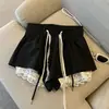 Calças Pretas de Cintura Elástica com Cordão e Perna Larga para Mulheres, Shorts de Verão com Renda em Patchwork de Cintura Alta em Linha A para Figuras Baixas, Calças Casuais