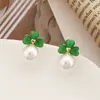 Pendientes de Ojo de Gato y Trébol con Perlas, Aguja de Plata de Ley 925, Pendientes de Flor Verde, Pendientes de Alta Gama, Joyería de Moda